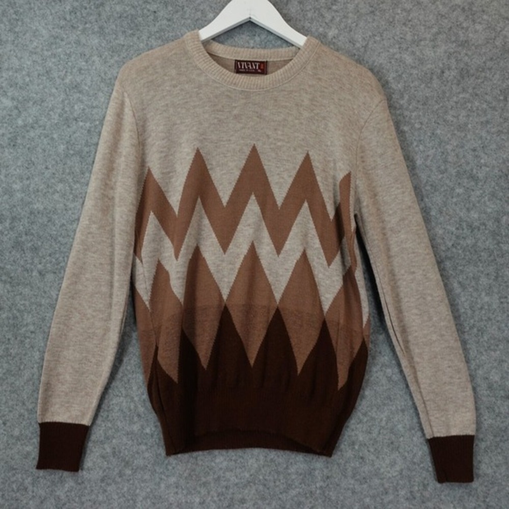 Vintage Grandpa‎ Sweater Mens M Tan Brown Chevron Nordic Ivy Prep VIVANT USA